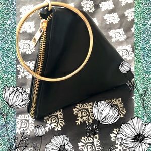 Black PU Leather Triangle Clutch w/gold handle